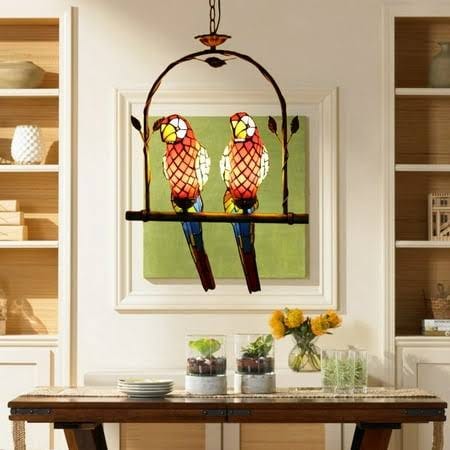 Stylish Parrot Chandelier with Stained Glass Accents | Image