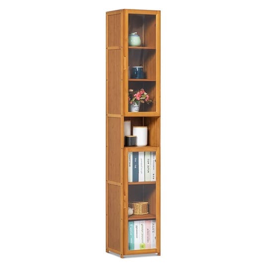 monibloom-bamboo-narrow-7-tiers-bookcase-with-acrylic-doors-display-storage-shelves-brown-for-home-s-1