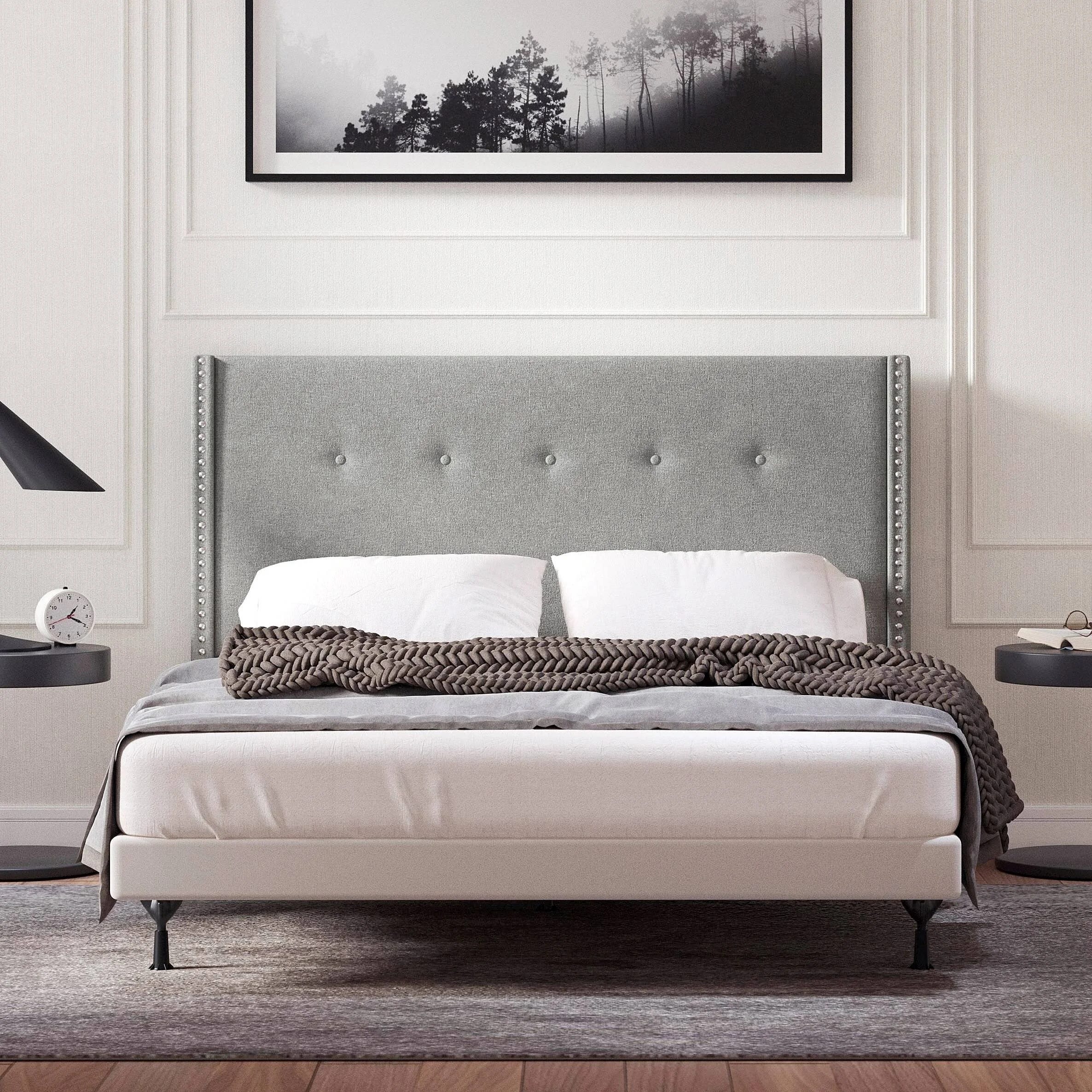 McM Upholstered Mid-Century Modern Headboard with Nail Head Wingback Design | Image