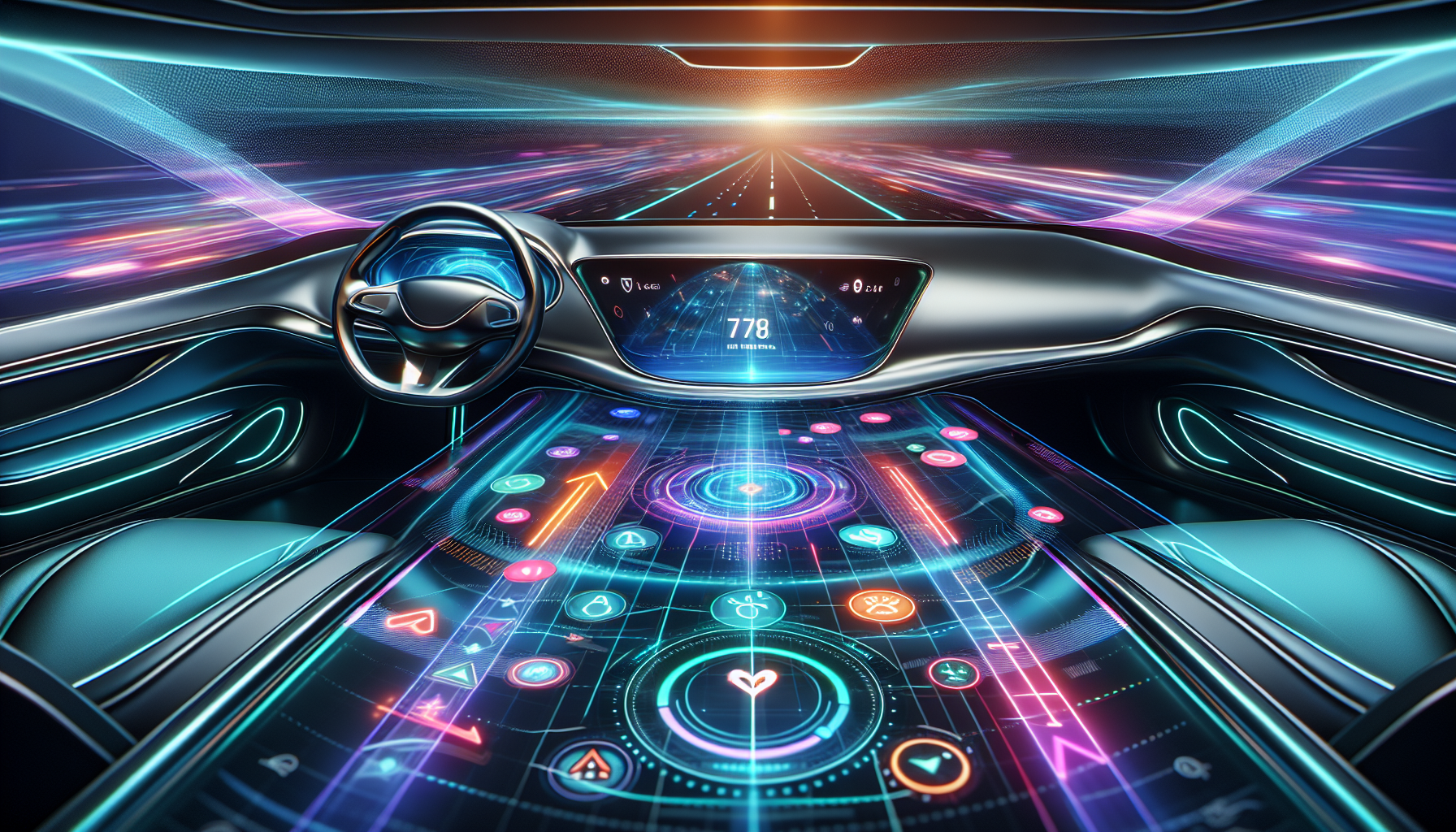 A futuristic car interior with a holographic augmented reality display projected on the windshield, showcasing navigation, speed, and nearby points of interest.