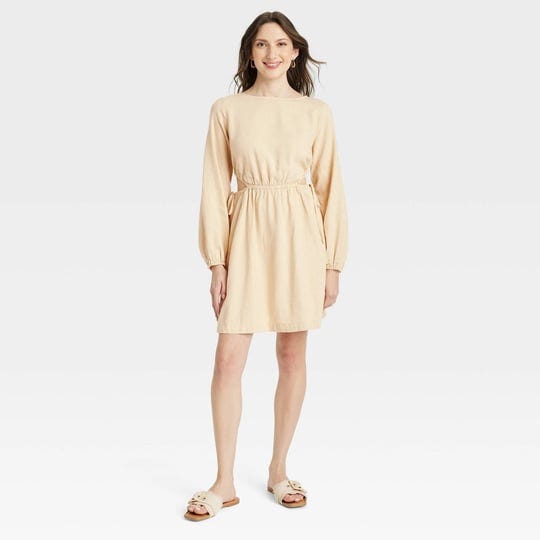 womens-balloon-long-sleeve-mini-a-line-dress-universal-thread-tan-xs-1