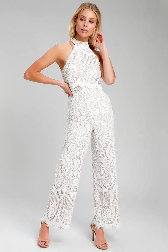 Elegant White Lace Halter Jumpsuit for Women | Image