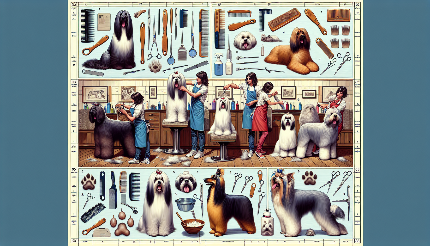 An illustrated guide showcasing various tips for caring for long-haired dogs. The image features different dog breeds with long, flowing fur, such as Afghan Hounds, Shih Tzus, and Collies. The dogs are being groomed with tools like combs, brushes, and scissors, and having their hair washed and dried. Each section highlights a different aspect of care, such as brushing techniques, trimming around the paws, and bathing routines. The setting is inside a cozy, well-equipped grooming salon.