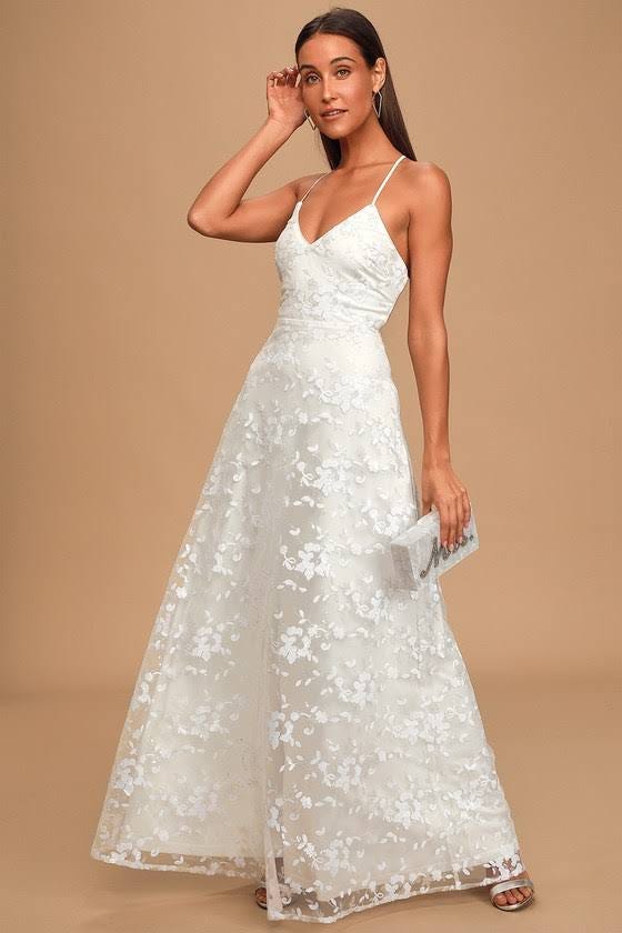 Magically Charming White Sequin Embroidered Lace-Up Maxi Dress | Image