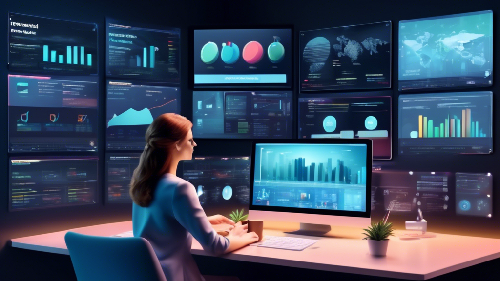 A digital workspace filled with multiple screens, each displaying different graphs and lists of keywords categorized by relevancy and topics; mix of technological and calm, organized ambiance, with soft lighting and a person thoughtfully analyzing the data.