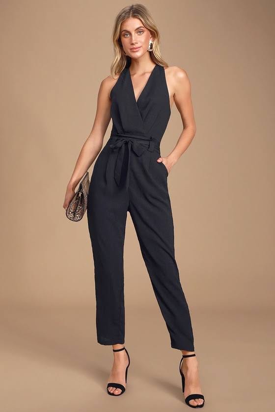 Lulus Black Surplice Sleeveless Jumpsuit - Flattering Fit & Pleated Detailing | Image