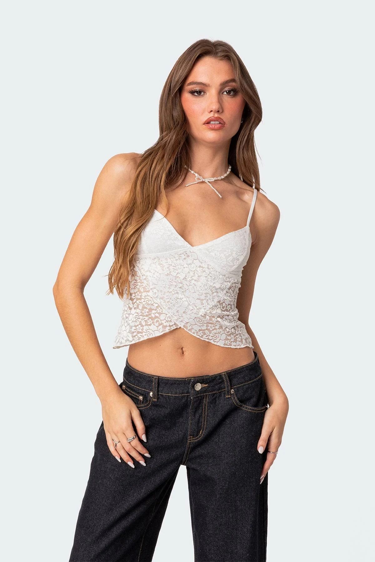 White Sheer Lace Tank Top with Crossover Design | Image