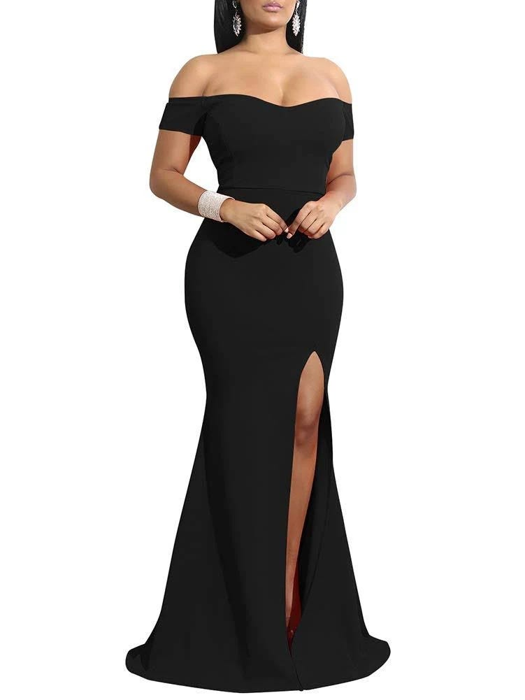 Elegant Black Off-Shoulder Long Evening Gown for Prom or Pageants | Image