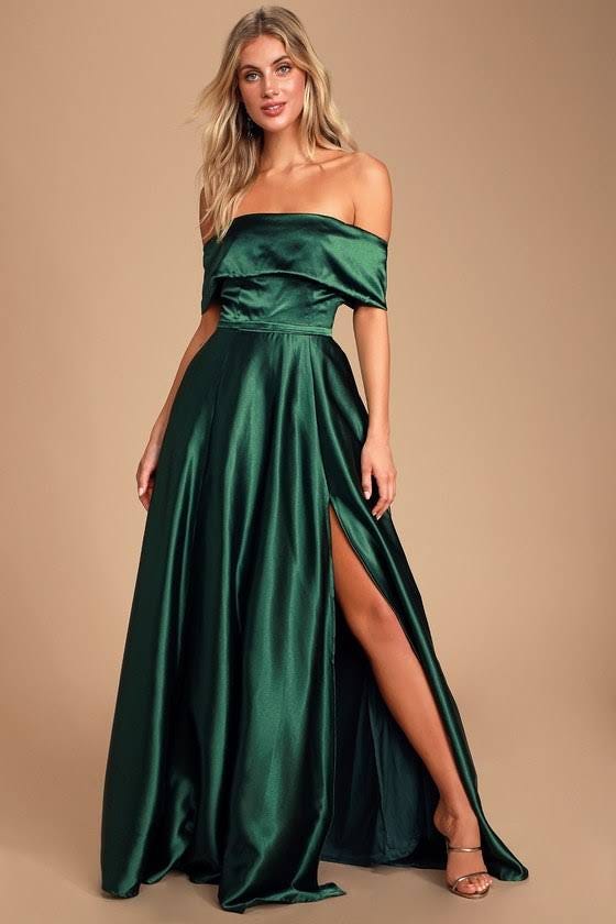 Elegant Off-Shoulder Maxi Dress in Forest Green Satin: Perfect for Parties | Image