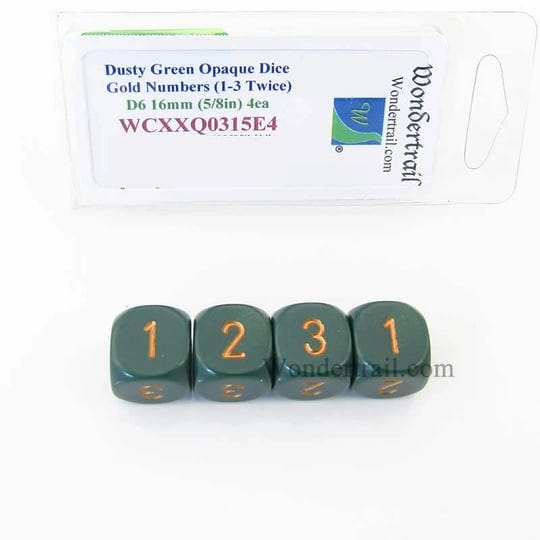 dusty-green-opaque-dice-with-gold-numbers-d3-d6-1-3-twice-16mm-5-8in-pack-of-4-wondertrail-1