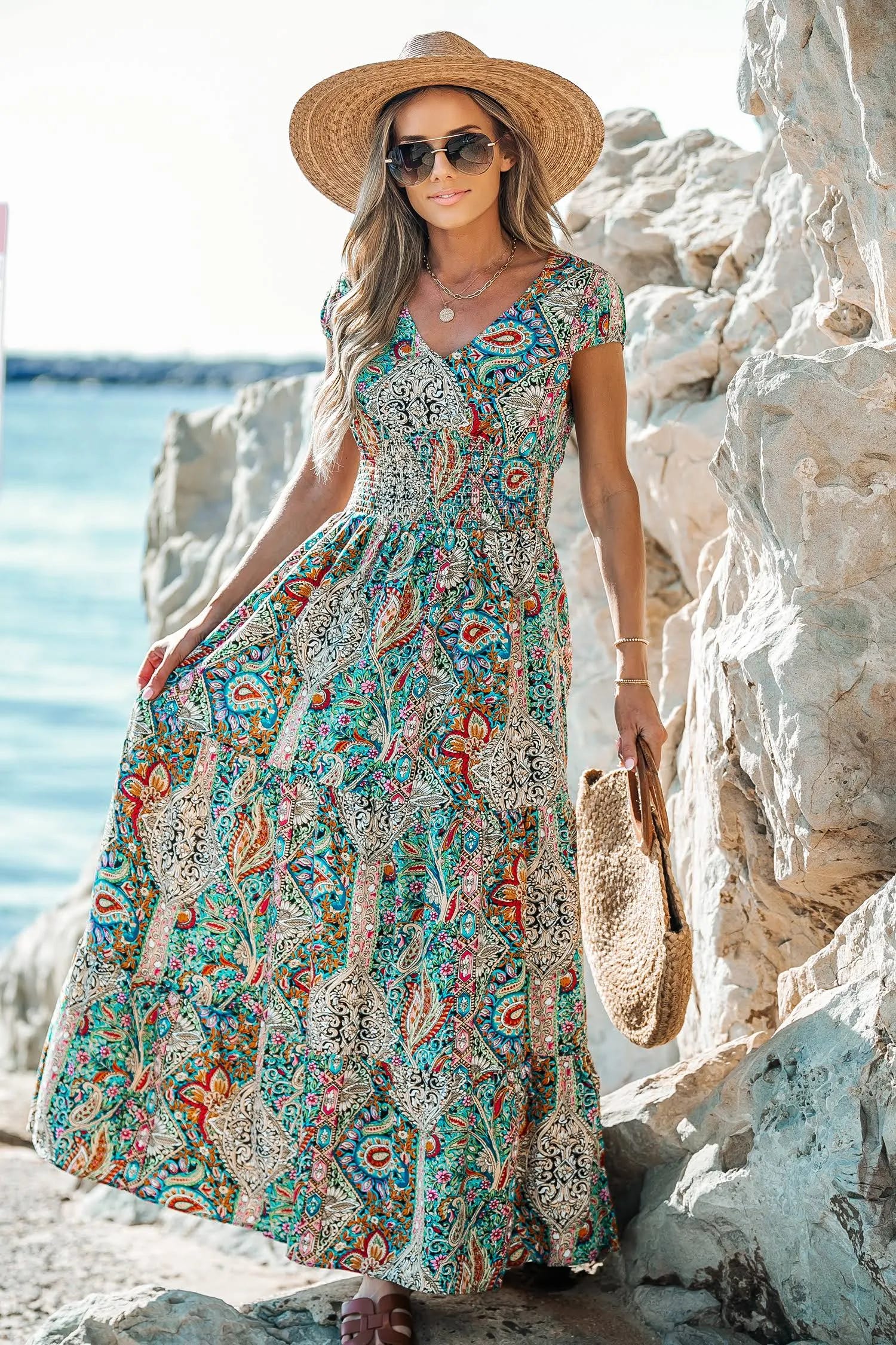 Colorful Paisley Print V-Neck Maxi Dress | Image