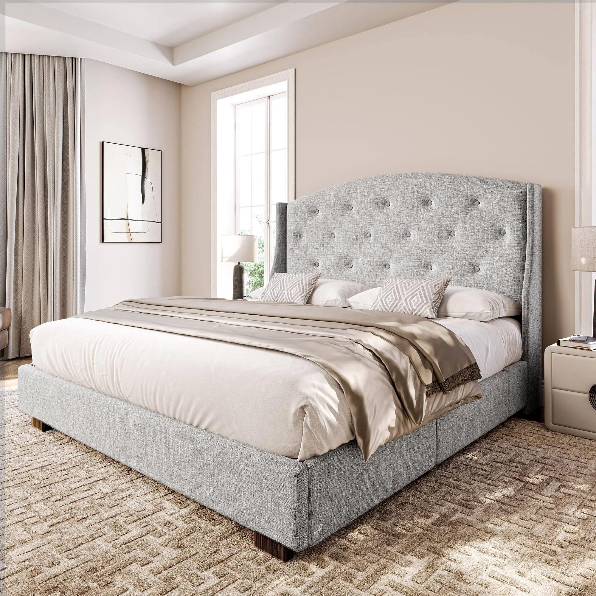 Stylish King Bed Frame with Storage and Wingback Headboard | Image