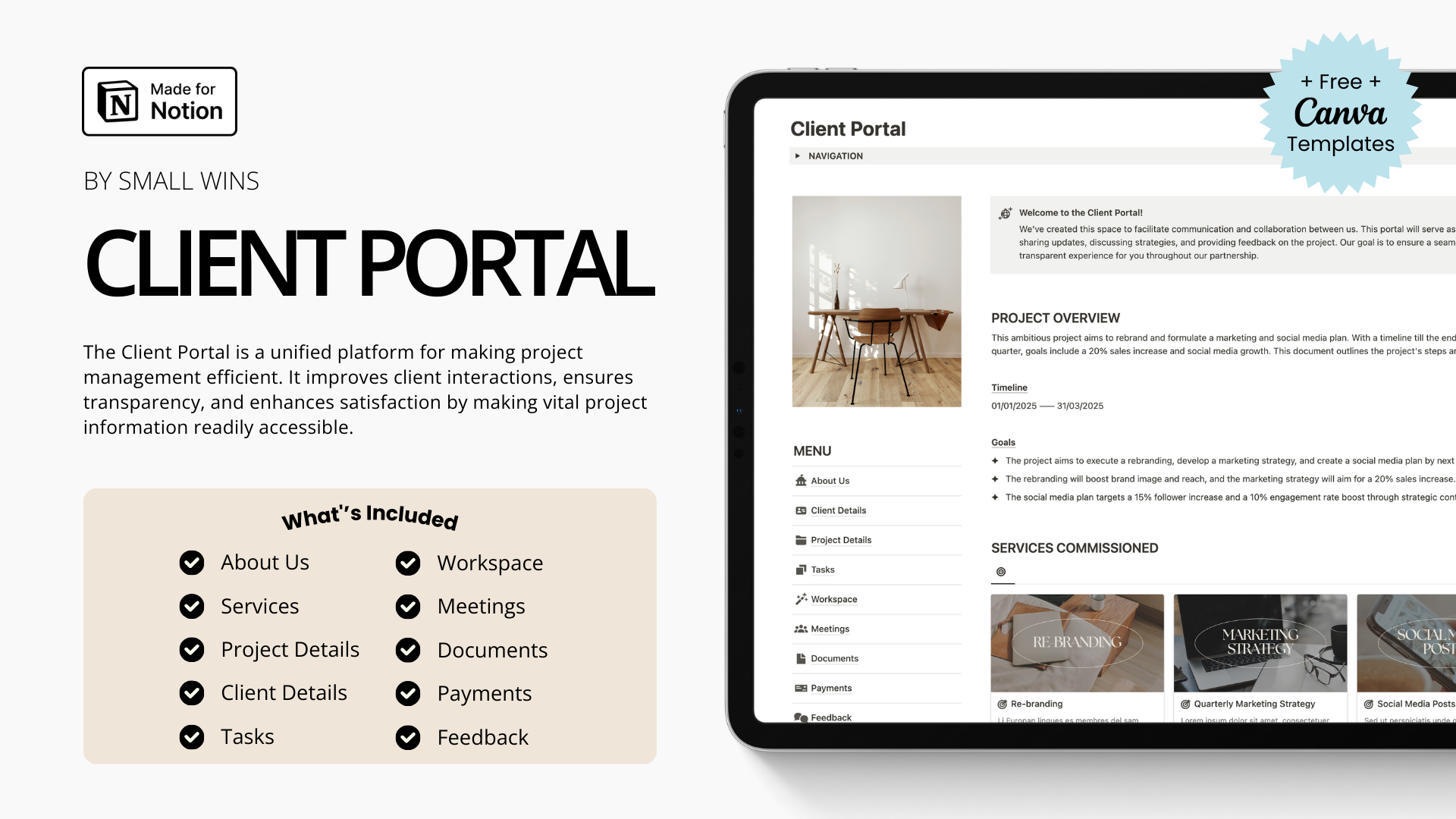Client Portal by Small Wins  | Elcovia Marketplace | Notion Templates | Notion Creators
