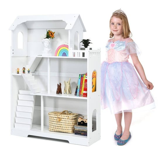 kids-wooden-dollhouse-bookcase-3-story-cottage-toy-white-1