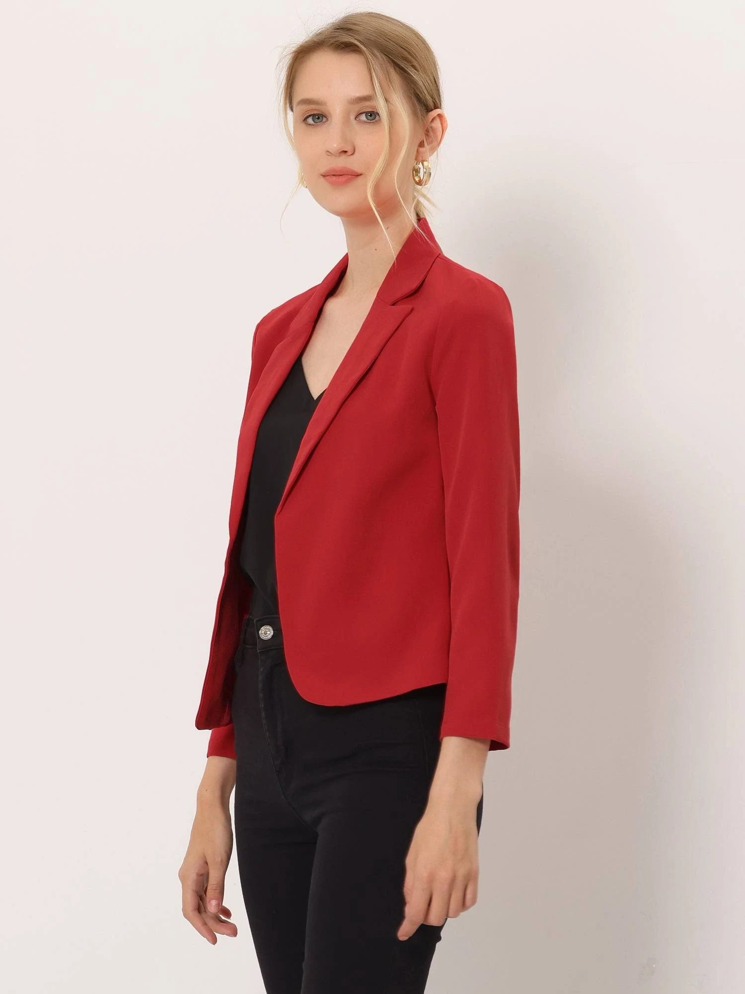 Stylish Open-Front Red Blazer for Professional Workwear | Image