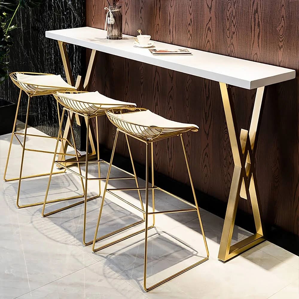 Modern White Kitchen Dining Table: Spacious Breakfast Pub Table with Gold Base | Image