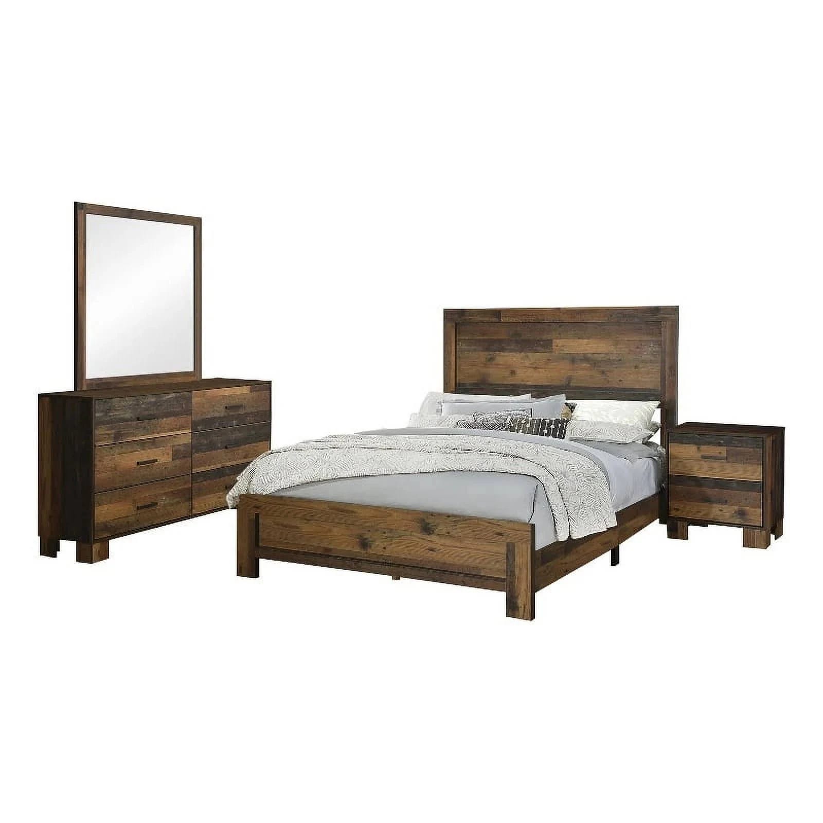 Pemberly Row Farmhouse Bedroom Set - Brown Wood Panel Queen Bed | Image