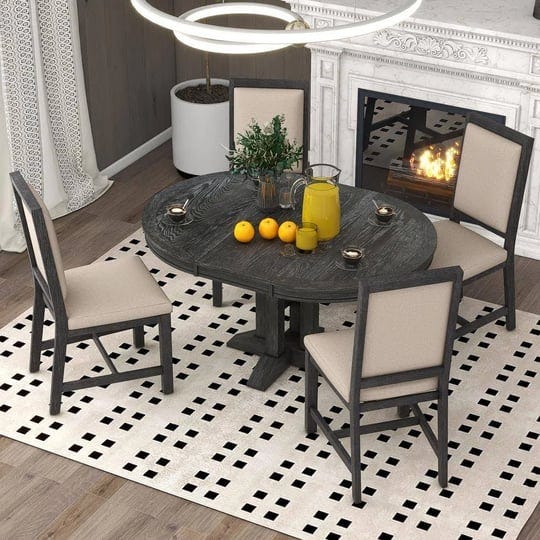 farmhouse-5-piece-black-wood-top-extendable-round-dining-table-set-with-4-upholstered-chairs-1