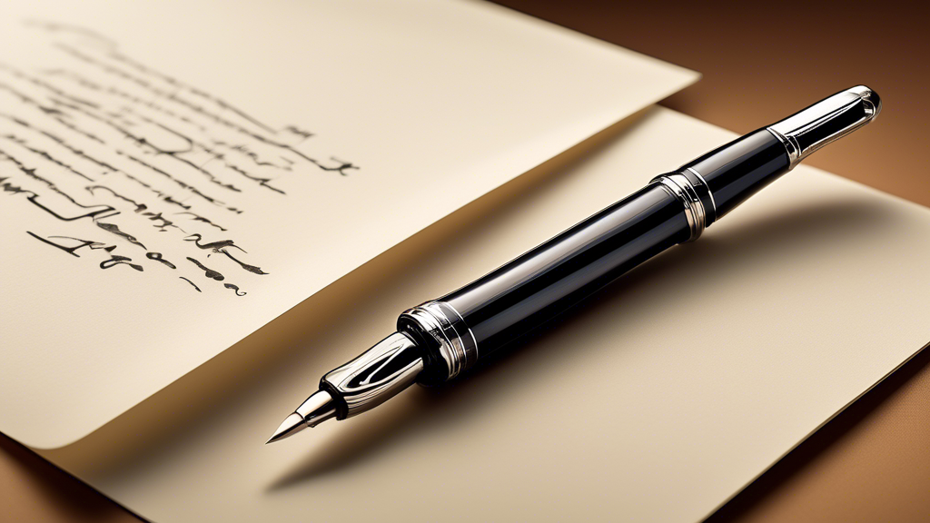 Create an image of a sleek Pilot Metropolitan Fountain Pen gliding smoothly across a piece of paper, leaving behind elegant ink strokes. The pen should be featured in a close-up shot, highlighting its smooth metallic design and the fine detail of the nib. The paper should be blank or contain minimal text to showcase the pen