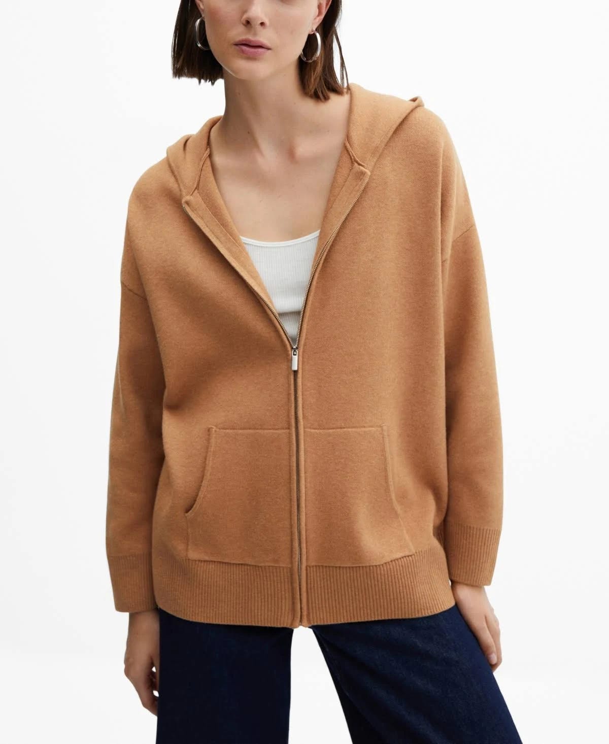 Stylish Brown Zip-Up Knitted Sweatshirt for Women | Image