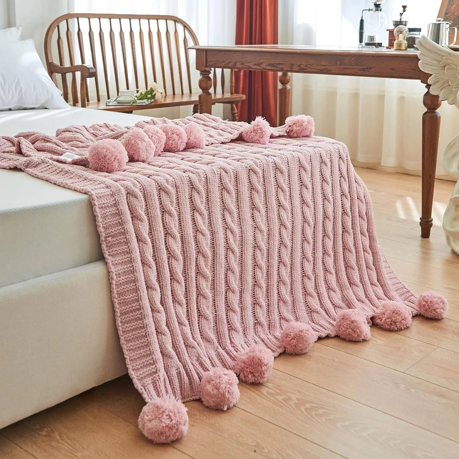 thinkstar Soft & Cozy Knitted Throw Blanket with Pom Poms Tassel | Image