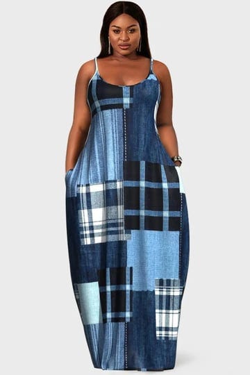 xpluswear-plus-size-blue-casual-plaid-denim-print-colorblock-with-pockets-maxi-dresses-1