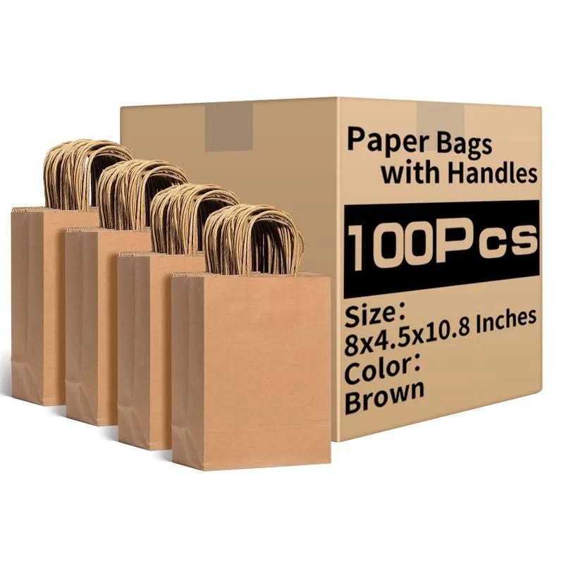 100 Sturdy Brown Kraft Paper Gift Bags for Versatile Uses | Image