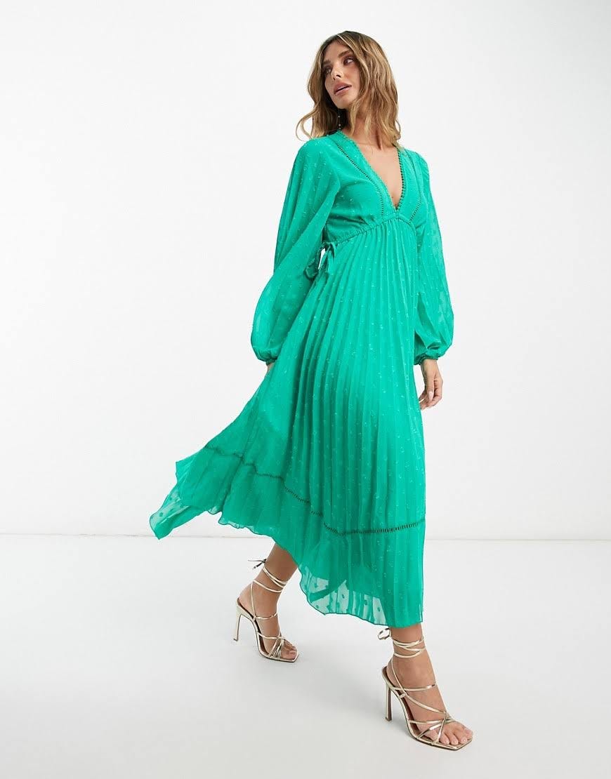 Green Pleated Midi Dress with Gathered Empire Waist and Open Back | Image