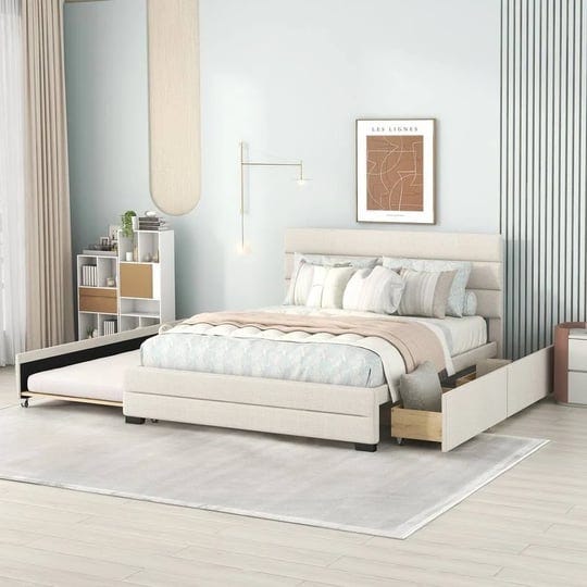queen-upholstered-platform-bed-with-trundle-and-two-drawers-beige-1