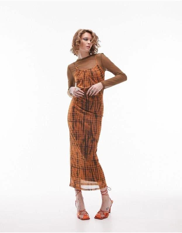 Stylish Layered Long Sleeve Mesh Midi Dress in Orange | Image