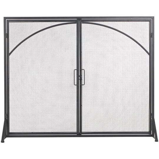 litton-lane-black-metal-minimalistic-single-panel-fireplace-screen-with-arch-inspired-doors-and-hand-1