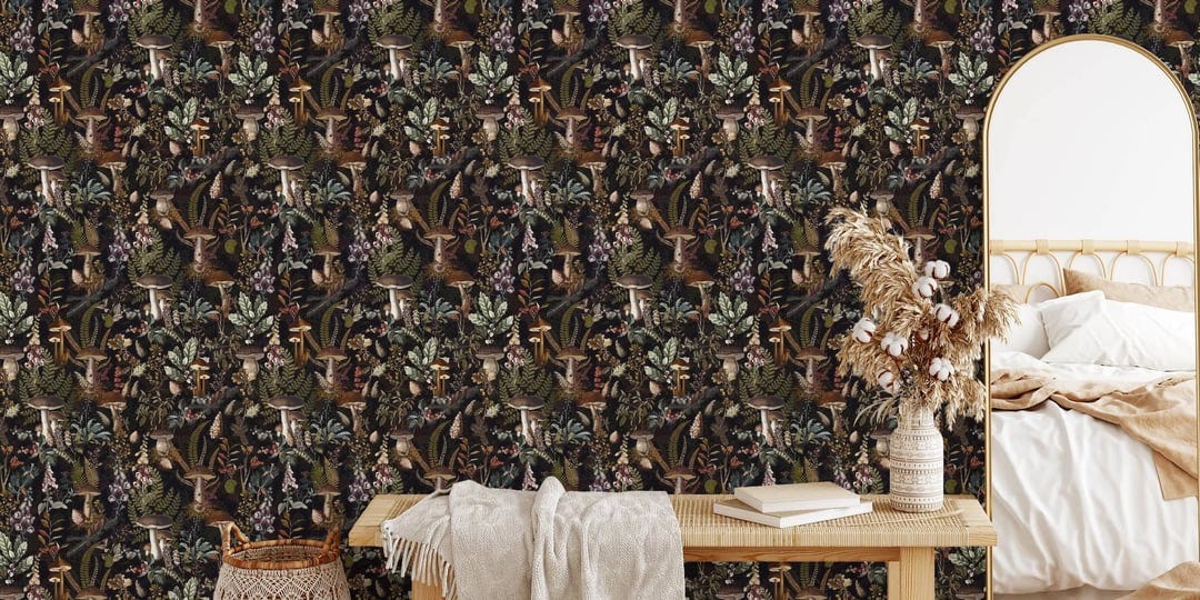 mysterious-midnight-vintage-forest-mushroom-garden-wallpaper-happywall-1
