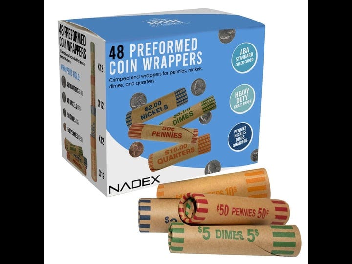 nadex-48-assorted-preformed-crimped-end-coin-roll-wrappers-12-each-of-nickels-dimes-pennies-quarters-1