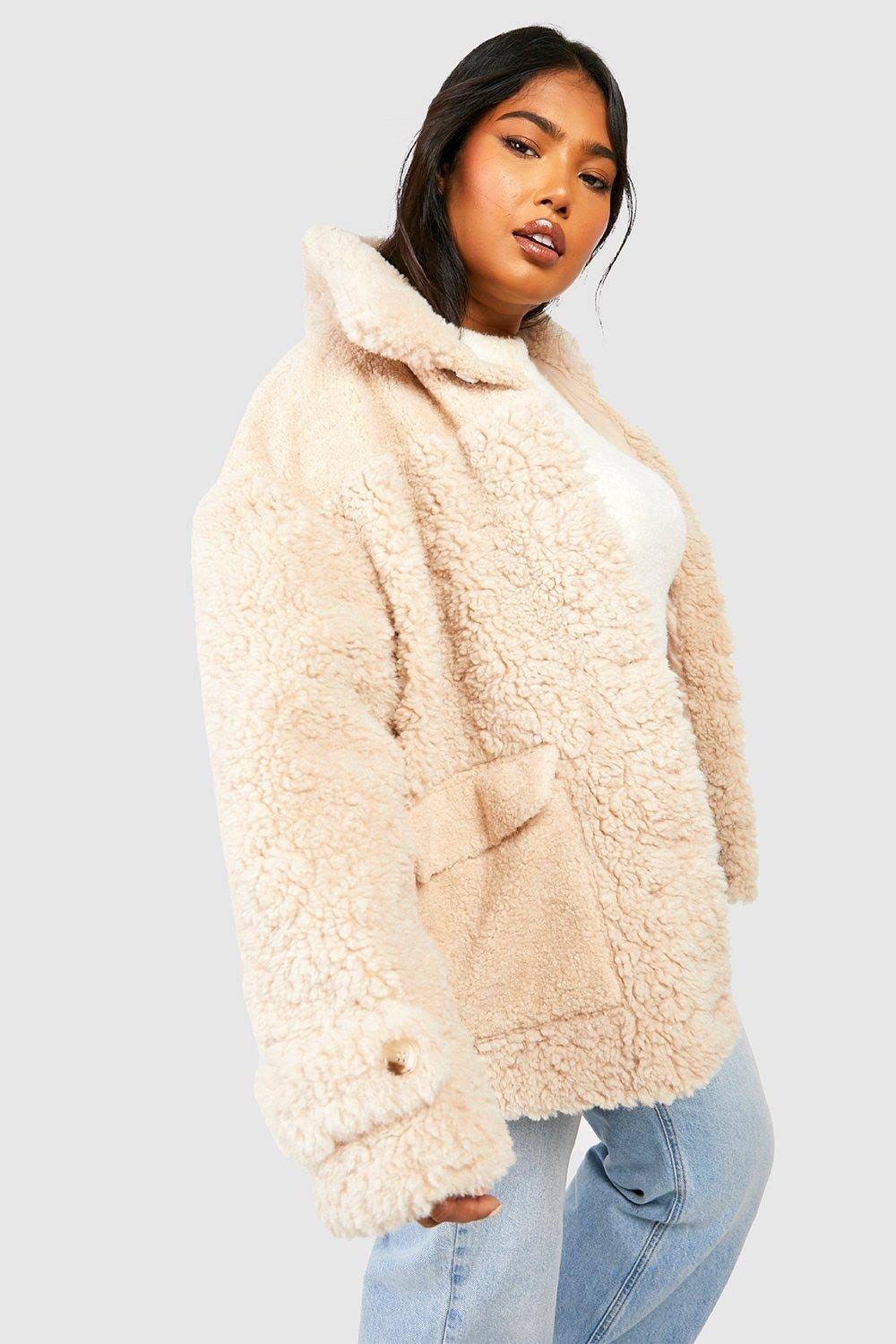 Cozy Beige Furry Jacket for Women's Plus Size | Image