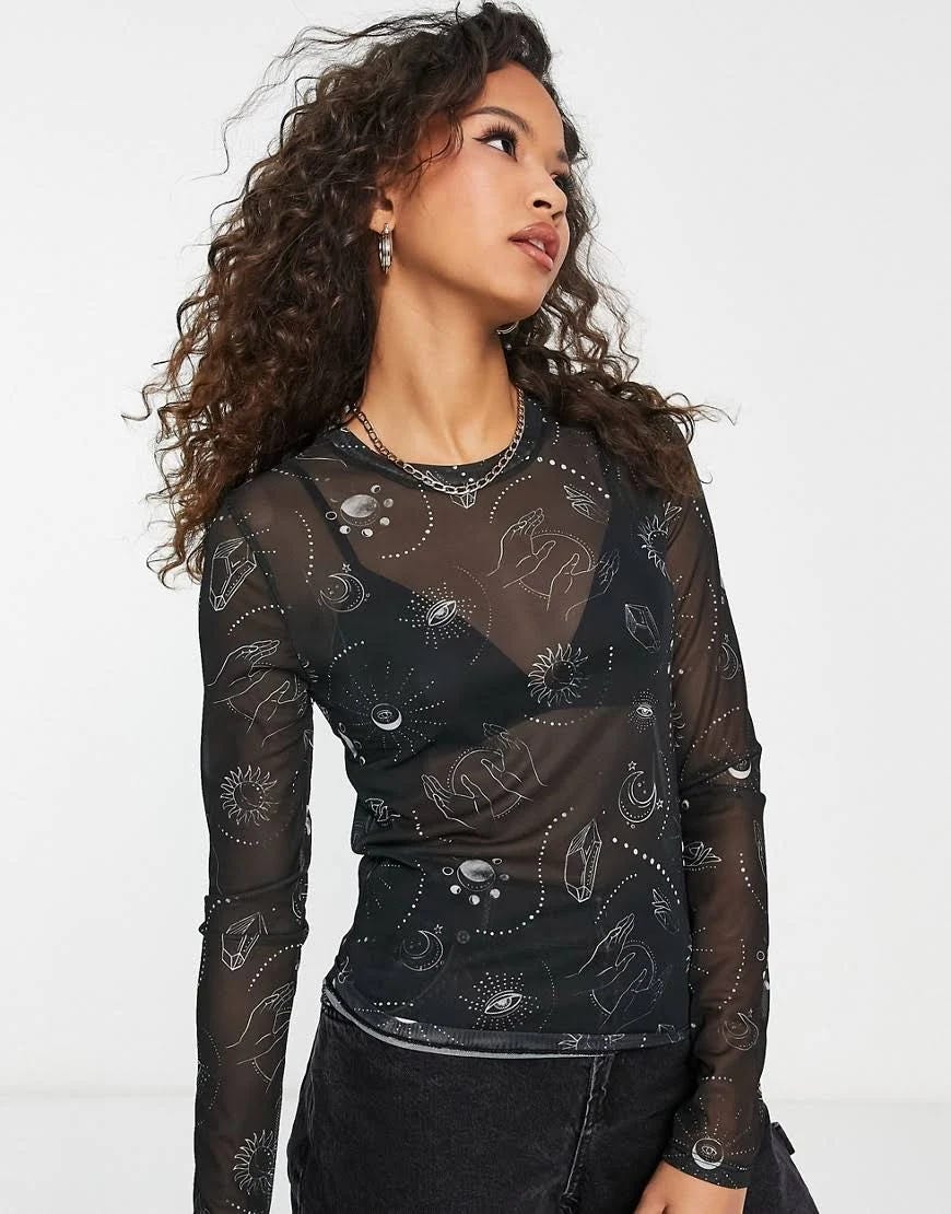 Stradivarius Black Mesh Top with Celestial Print | Image