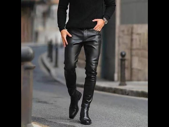 black-slim-fitting-solid-leather-pants-helloice-1