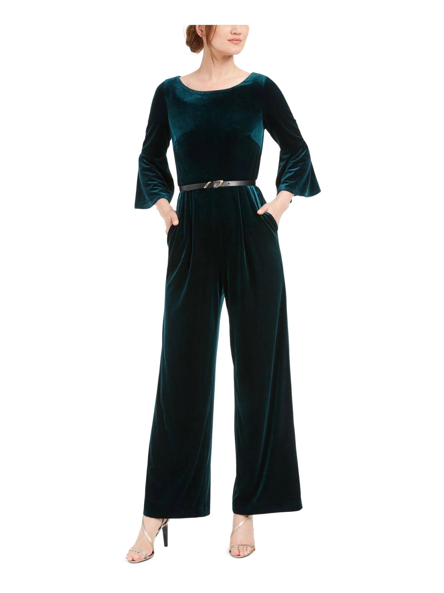 Calvin Klein Green Velvet Belted Bell Sleeve Jumpsuit: Stylish and Flattering Formal Option | Image