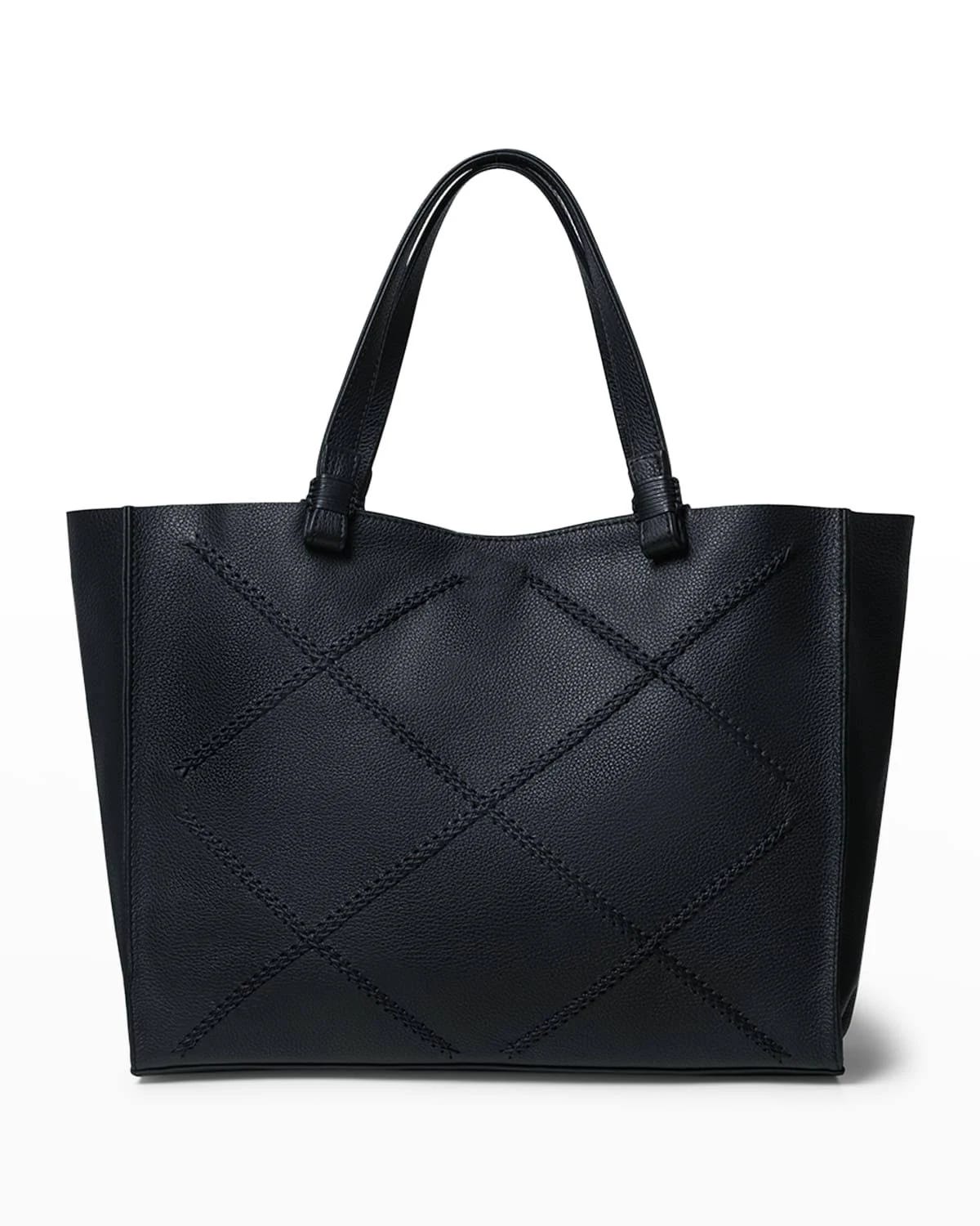 Black Leather Tote Bag with Criss-Cross Trim | Image