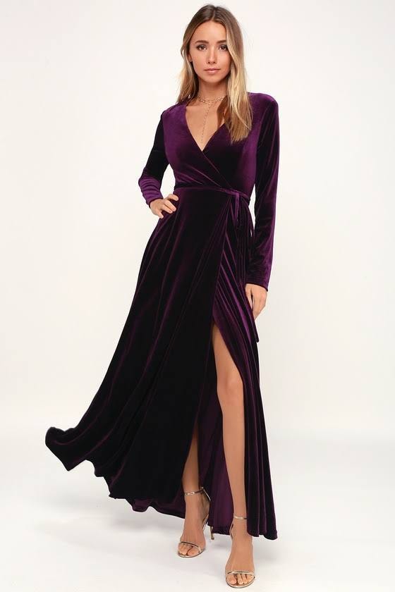 Luxe Purple Velvet Wrap Maxi Dress with Surplice Neckline (Black) for Women | Image