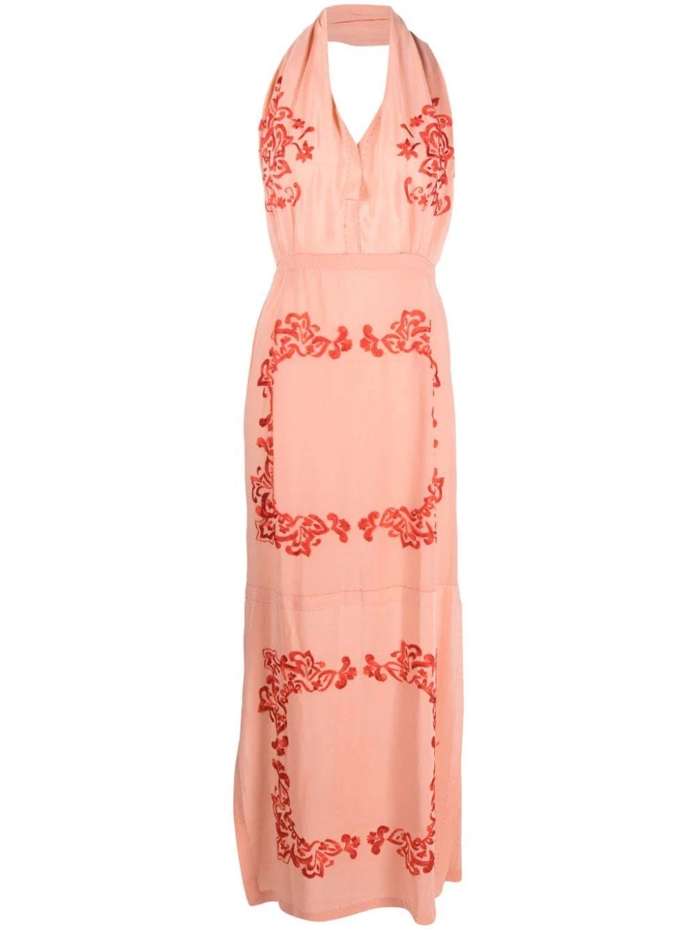 Coral Pink Floral-Embroidered Silk Maxi Dress - Zeus+Dione | Image