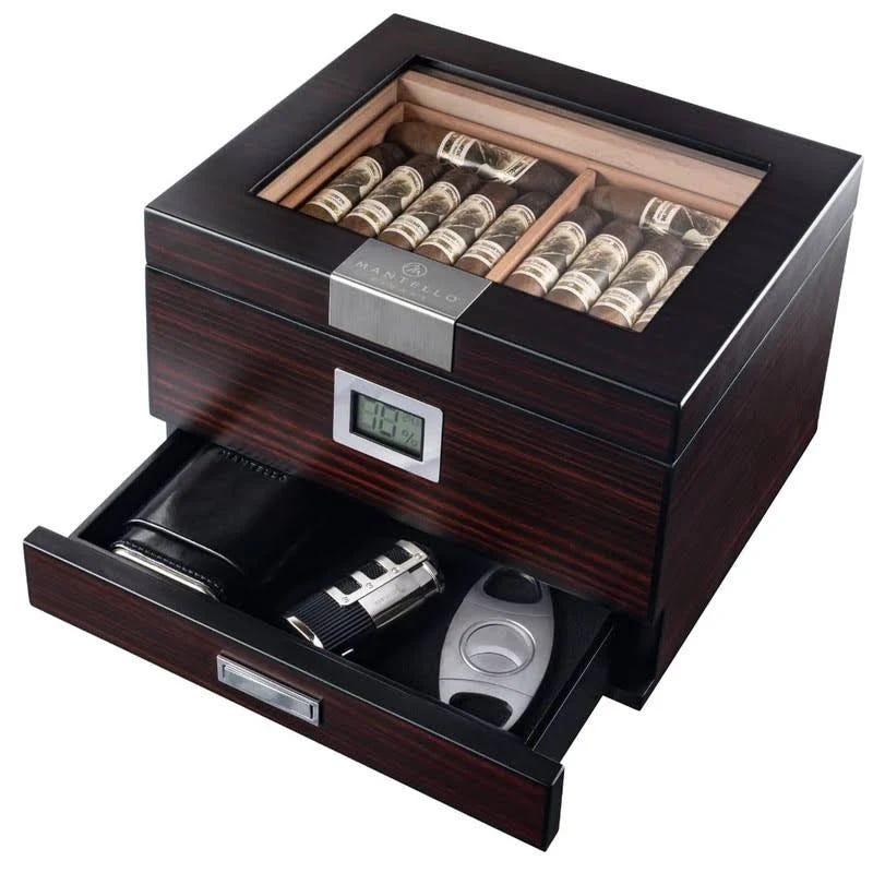 Mantello Cigars Premium Rosewood Glass Top Cigar Humidor with Accessories | Image