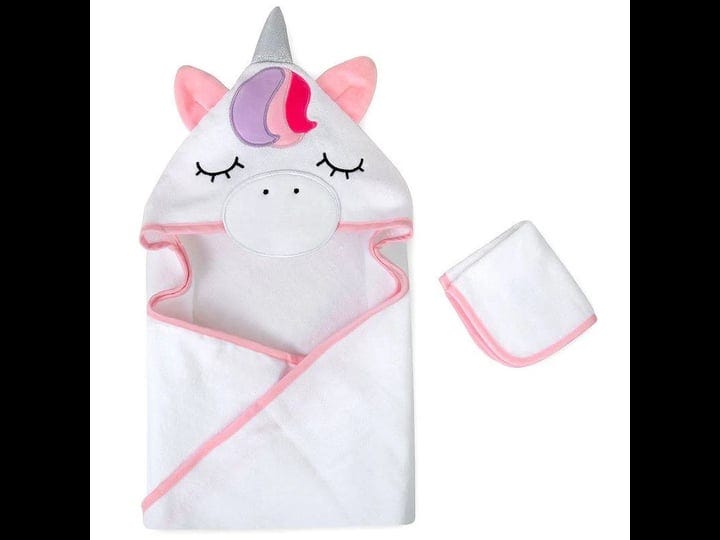 baby-essentials-rainbow-unicorn-hooded-towel-washcloth-set-white-1