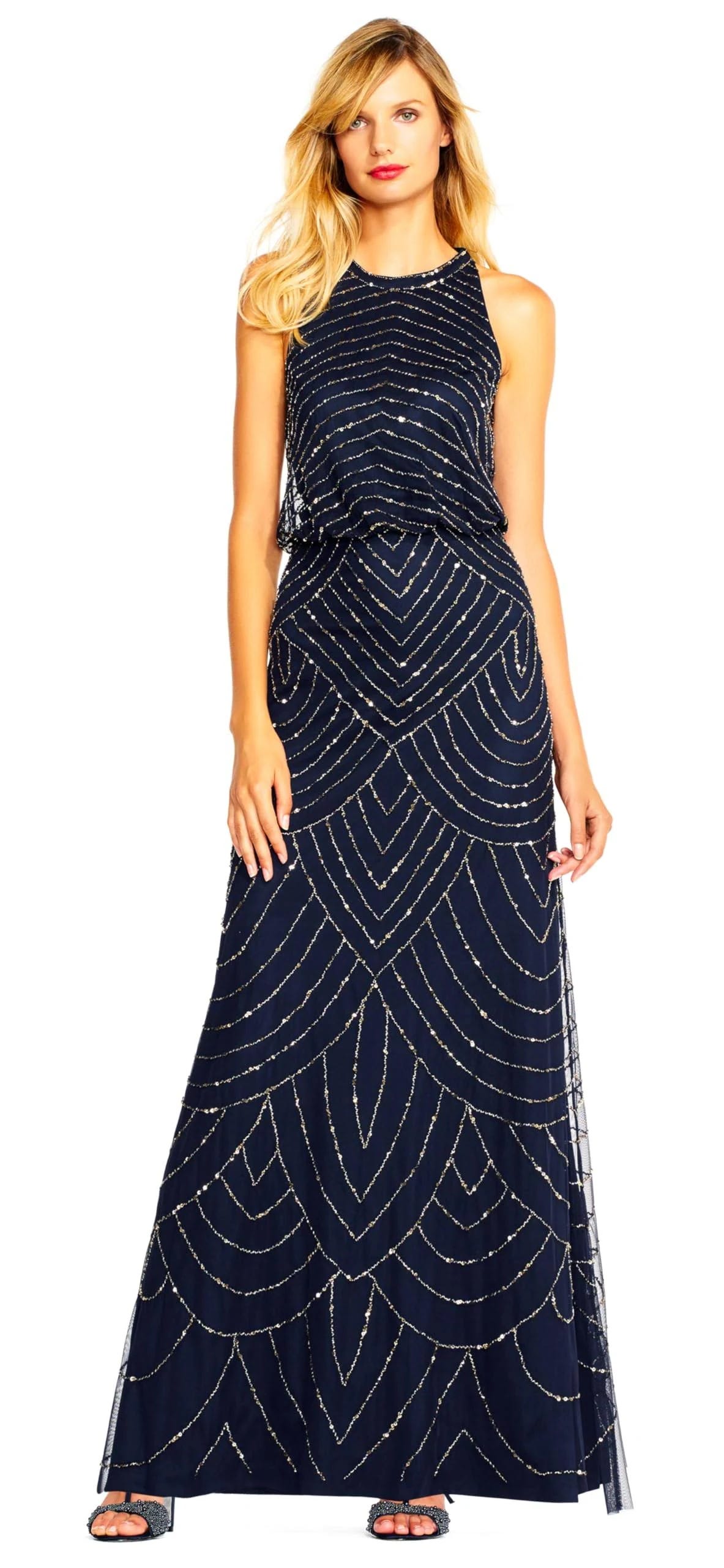 Navy Art Deco Halter Evening Dress with Keyhole Back Detail | Image