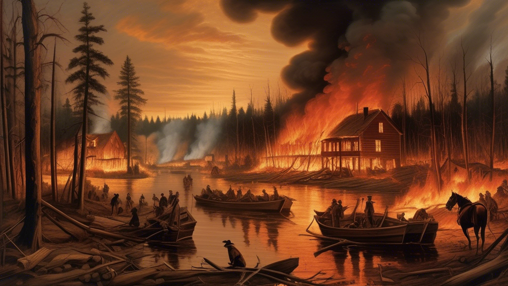 Create a dramatic scene depicting the Great Peshtigo Fire of 1871. Show the intense flames engulfing the dense forest and wooden homes, with panicked townspeople and animals attempting to escape. Include smoky skies and a sense of chaos and urgency, highlighting the sheer scale of the destruction. The setting should be a small 19th-century Midwestern American town, capturing the historical context of this often-forgotten disaster.