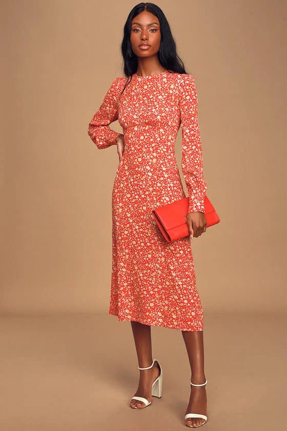 Lulus Exclusive: Bloom in a Red Floral Long Sleeve Midi Dress | Image