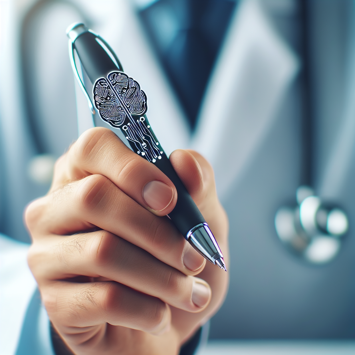 A doctor's hand holding a pen with a symbolic representation of artificial intelligence, such as a circuit board design or stylized brain.