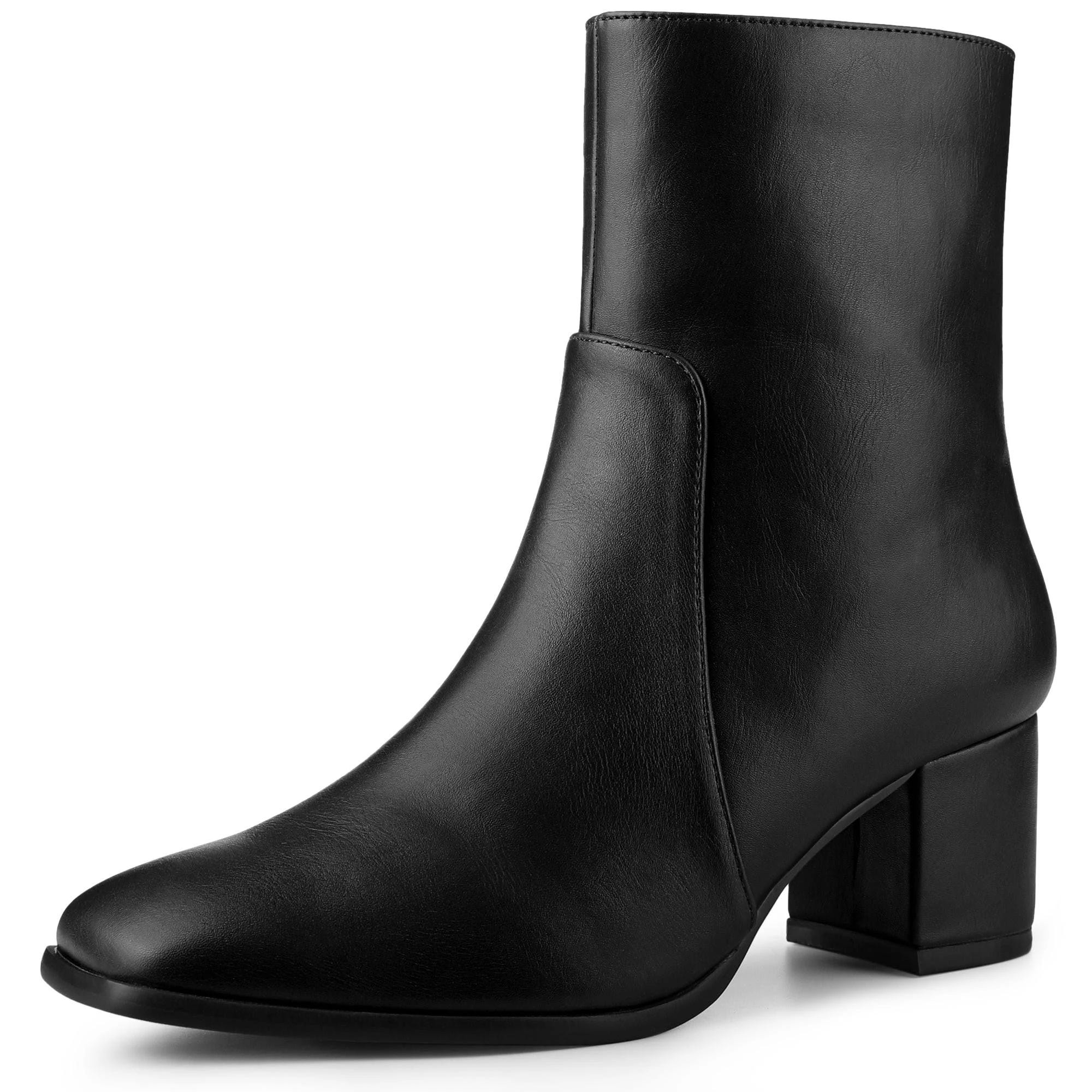 Square Toe Block Heel PU Leather Ankle Boots with Side Zip | Image