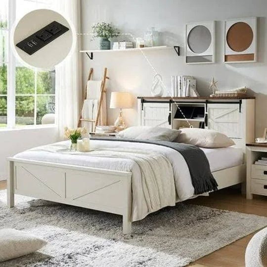 okd-modern-farmhouse-full-platform-bed-with-bookcase-headboard-storage-and-charging-stationno-box-sp-1