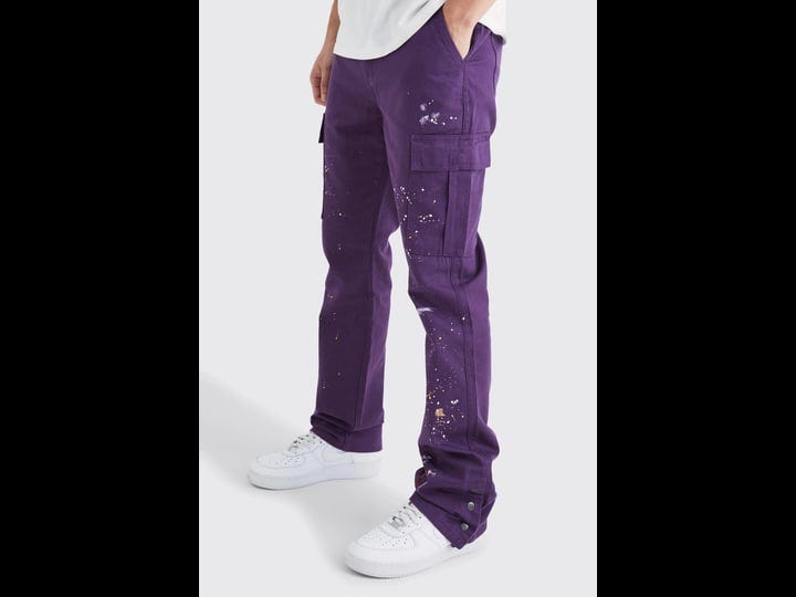 mens-tall-slim-flare-popper-hem-paint-splatter-cargo-pants-purple-1