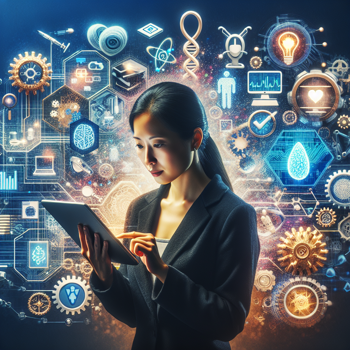 A woman with dark hair and glasses is working at a desk surrounded by symbols of technology, healthcare, and engineering. She is using an advanced AI-fueled device and appears deeply absorbed in her work.